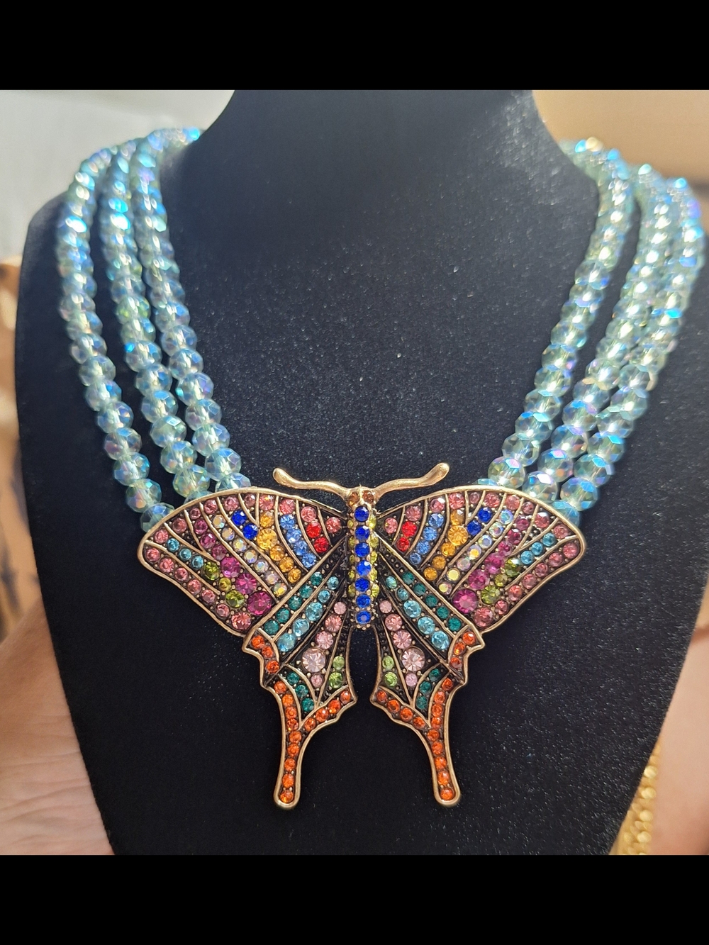 Vintage Li Hang Yuan Multicolor Crystal Butterfly Statement Necklace